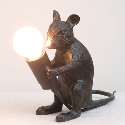 Table Lamp – Artistic Black Mouse Table Lamp Holding Exposed Bulb | Unique Animal Sculptural Accent Lighting for Modern Home Decor