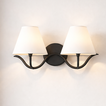 Wall Sconce with Modern Black Double White Fabric Shades, Bedroom Bedside Wall Lamp, Living Room, Hallway, Bathroom Vanity Light Fixture