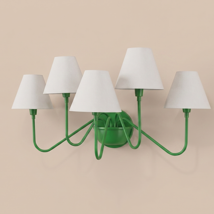 Green 5 Light Wall Sconce, Modern Green Wall Lamp with White Shades, Statement Wall Lighting, Contemporary Bedroom and Living Room Light