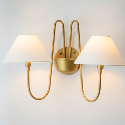 Wall Light Brushed Brass Double Arm Designer Sconce, Mid Century Modern Luxury Wall Fixture with White Linen Shades for Interiors