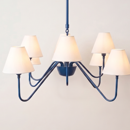 Modern Blue 8 Light Chandelier with White Fabric Shades | Contemporary Ceiling Pendant Light for Dining Room & Living Room
