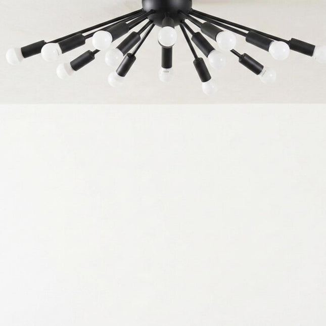 Modern Matte Black Sputnik Chandelier with Exposed Globe Bulbs | Mid Century Ceiling Light Fixture for Living Room & Dining Room