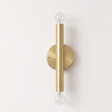 Wall Sconce Gold Double Bulb Lighting Fixture – Minimalist Brass Wall Lamp for Bedroom, Living Room, Hallway, Staircase & Interior Decor.