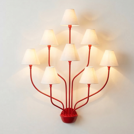 Wall Light – Bold Modern Red 8-Light Designer Wall Sconce with White Fabric Lampshades. Statement Wall Lighting Fixture for Luxury Interiors