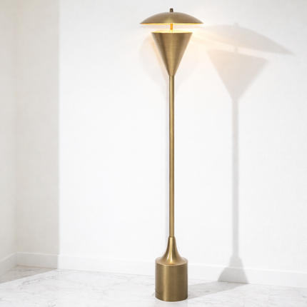 Floor Lamp in Brass Gold Color Modern Scandinavian Lamp with Floating Disc Shade and Warm Ambient Lighting for Luxury Living Room Decor