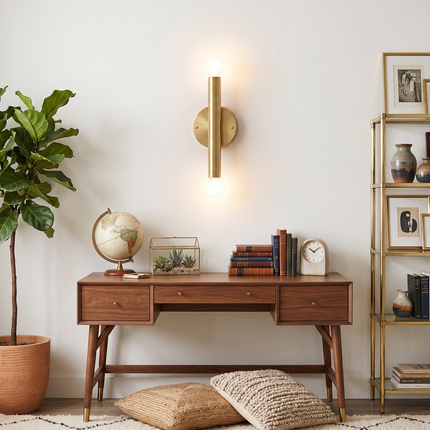 Wall Sconce Gold Double Bulb Lighting Fixture – Minimalist Brass Wall Lamp for Bedroom, Living Room, Hallway, Staircase & Interior Decor.