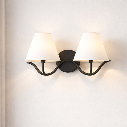 Wall Sconce with Modern Black Double White Fabric Shades, Bedroom Bedside Wall Lamp, Living Room, Hallway, Bathroom Vanity Light Fixture