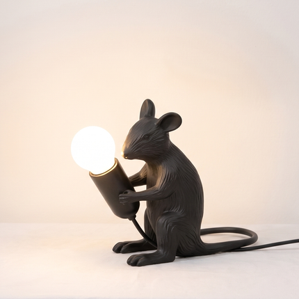 Table Lamp – Artistic Black Mouse Table Lamp Holding Exposed Bulb | Unique Animal Sculptural Accent Lighting for Modern Home Decor