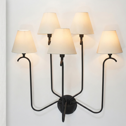 Wall Light Modern Matte Black Five Arm Fixture, Luxury Multi Shade Wall Lamp with Elegant White Fabric Shades for Living Room & Bedroom