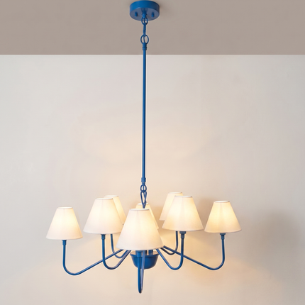 Modern Blue 8 Light Chandelier with White Fabric Shades | Contemporary Ceiling Pendant Light for Dining Room & Living Room