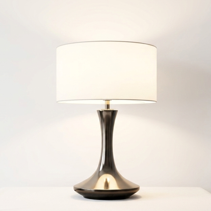 Table Lamp – Modern Metallic Silver Tulip Base Table Lamp with Large Fabric Drum Shade | Sophisticated Contemporary Interior Lighting