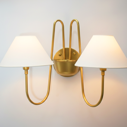 Wall Light Brushed Brass Double Arm Designer Sconce, Mid Century Modern Luxury Wall Fixture with White Linen Shades for Interiors