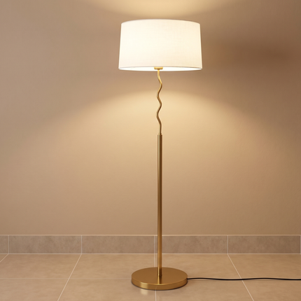 Floor Lamp Modern Gold brass White Drum Shade Wavy Stem Standing Lamp, Contemporary Living Room Floor Light, Bedroom Corner Floor Lamp Decor