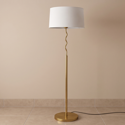 Floor Lamp Modern Gold brass White Drum Shade Wavy Stem Standing Lamp, Contemporary Living Room Floor Light, Bedroom Corner Floor Lamp Decor