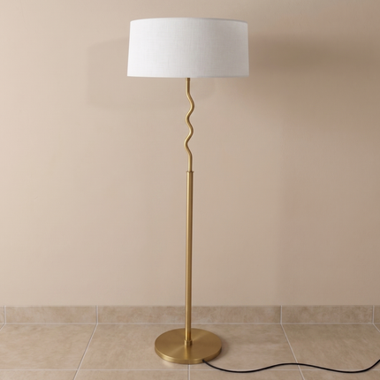 Floor Lamp Modern Gold brass White Drum Shade Wavy Stem Standing Lamp, Contemporary Living Room Floor Light, Bedroom Corner Floor Lamp Decor