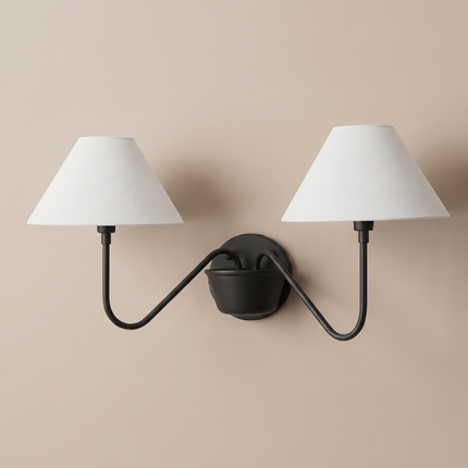 Matte Black Double Wall Sconce, Modern 2 Light Bedroom Wall Lamp with White Shades, Contemporary Bedside Lighting for Stylish Home Décor Art