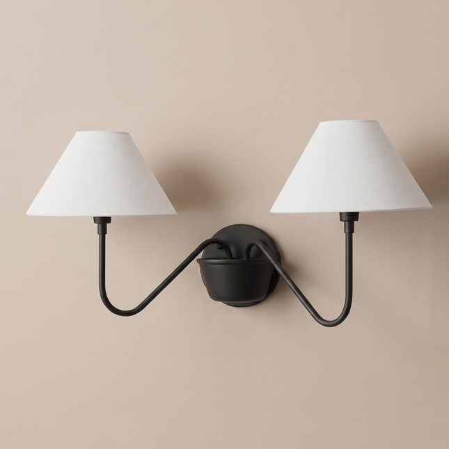 Matte Black Double Wall Sconce, Modern 2 Light Bedroom Wall Lamp with White Shades, Contemporary Bedside Lighting for Stylish Home Décor Art