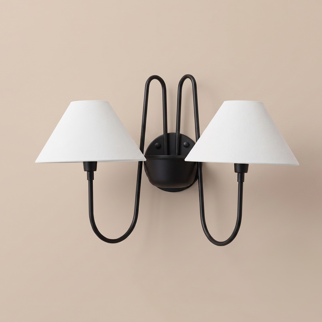 Matte Black 2 Light Wall Sconce, Modern Wall Lamp, Black Wall Light, Sculptural Sconce, White Shade Lighting, Elegant Home Decor interior