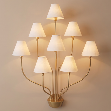 Wall Sconce in Gold Multi Arm with White Fabric Shades – Luxury 8 Light Designer Wall Lamp for Living Room Hallway Hotel & Home Decor design