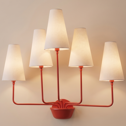 Red 5 Light Wall Sconce, Large Modern Wall Light with White Linen Shades, Colorful Statement Lighting, Mid Century Wall Lamp, Dining Room