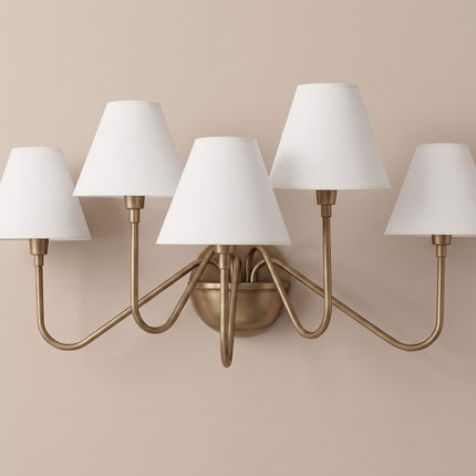 Antique Brass 5 Light Wall Sconce, Modern Wall Lamp with White Shades, Brass Wall Lighting, Mid Century Wall Light, Bedroom Home Lighting.