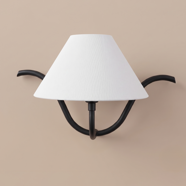 Matte Black Wall Sconce with White Linen Shade, Modern Black Wall Light, Curved Arm Sconce, Bedroom Lighting, Hallway Light, Contemporary