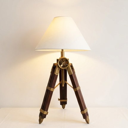 Table Tripod Lamp Vintage Wooden Brass Nautical Table Light Handmade Retro Bedside Lamp for Office Desk Living Room Home Decor