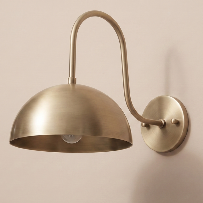Antique Brass Dome Wall Sconce, Modern Brass Wall Light, Mid Century Bedroom Lamp, Curved Arm Sconce, Metal Shade Lighting, Reading Light