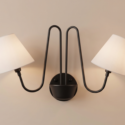 Matte Black Double Wall Sconce with White Linen Shades, Wall Light, 2 Light Bedroom Sconce, Curved Arm Lighting, Living Room Wall Lamp