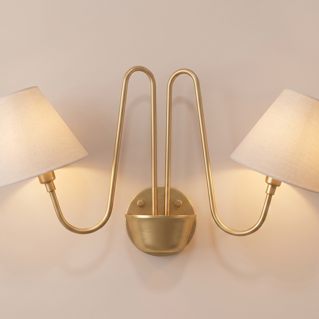 2 Light Gold Wall Sconce, Brass Wall Lamp with White Fabric Shades, Modern Luxury Wall Light, Elegant Bedroom Sconce, Living Room Lighting