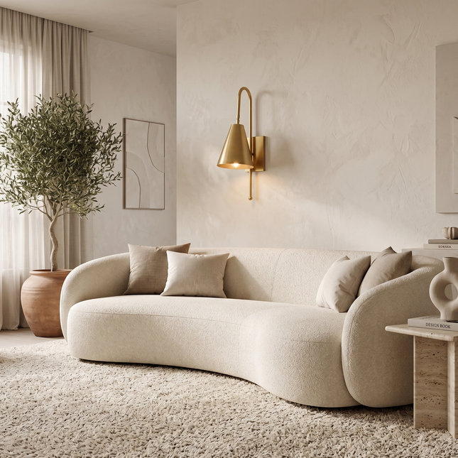 Wall Sconce Gold Brass Light, Cone Shade Wall Lamp, Mid Century Brass Reading Light, Luxury Bedroom & Hallway Lighting illumination room.