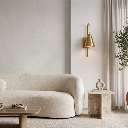 Wall Sconce Gold Brass Light, Cone Shade Wall Lamp, Mid Century Brass Reading Light, Luxury Bedroom & Hallway Lighting illumination room.