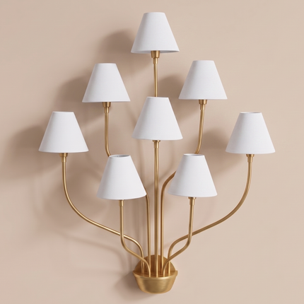 Wall Sconce in Gold Multi Arm with White Fabric Shades – Luxury 8 Light Designer Wall Lamp for Living Room Hallway Hotel & Home Decor design