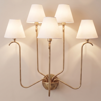 Antique Brass 5 Light Wall Sconce, Vintage Inspired Multi Arm Wall Lamp with White Shades, Classic Indoor Lighting Fixture for Home Wall Art
