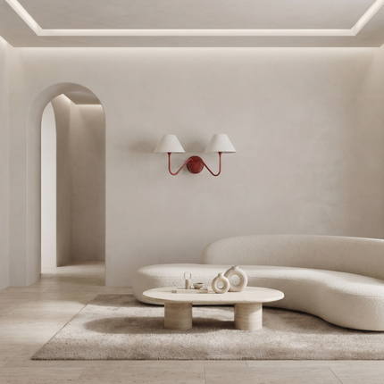 Red 2 Light Wall Sconce, Double Arm Wall Lamp with White Fabric Shades, Modern Red Wall Light, Sculptural Bedroom Lighting, Statement Decor