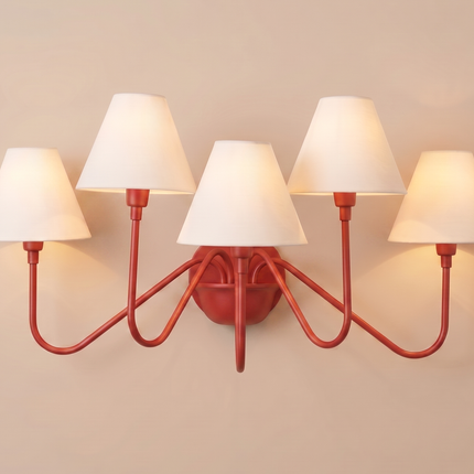 Red 5 Light Wall Sconce, Modern Colorful Wall Lamp with White Shades, Statement Wall Lighting, Contemporary Bedroom and Living Room Light