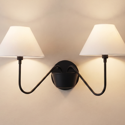Matte Black Double Wall Sconce, Modern 2 Light Bedroom Wall Lamp with White Shades, Contemporary Bedside Lighting for Stylish Home Décor Art