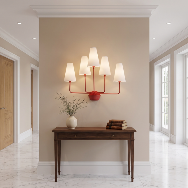 Red 5 Light Wall Sconce, Large Modern Wall Light with White Linen Shades, Colorful Statement Lighting, Mid Century Wall Lamp, Dining Room
