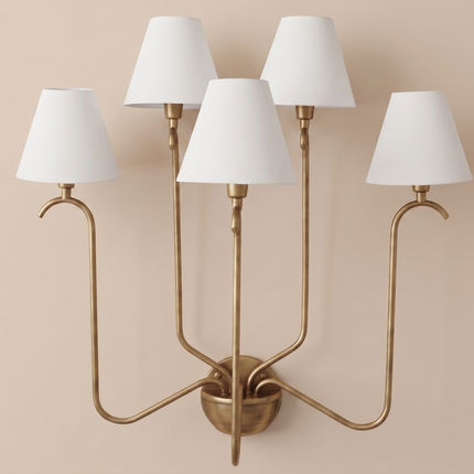 Antique Brass 5 Light Wall Sconce, Vintage Inspired Multi Arm Wall Lamp with White Shades, Classic Indoor Lighting Fixture for Home Wall Art