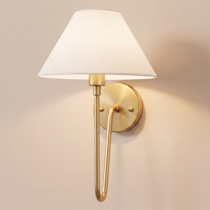 Gold Brass Wall Sconce, Modern Wall Lamp with White Shade, Mid Century Bedroom Wall Light, Luxury Brass Sconce, Bedside Home Lighting Décor.