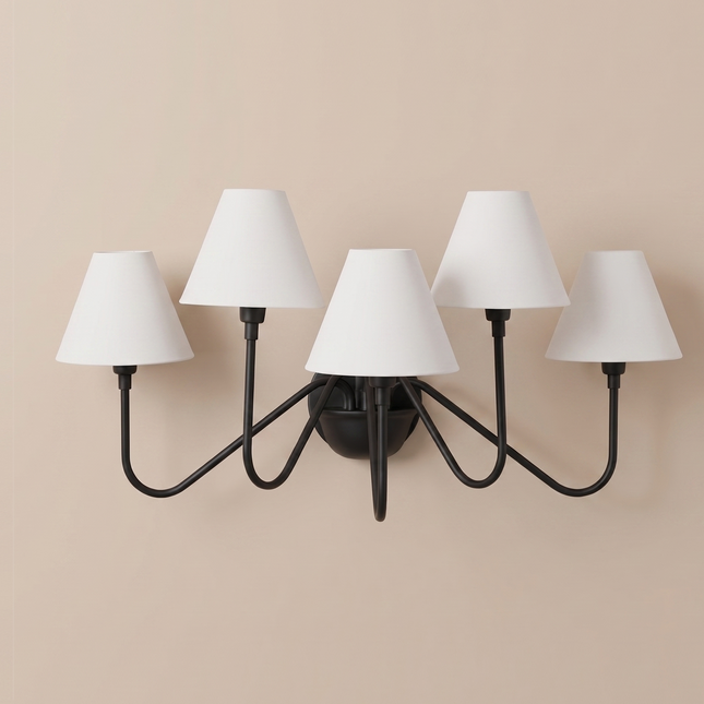 Matte Black 5 Light Wall Sconce, Modern Wall Lamp, Sculptural Wall Light, Black & White Shade Lighting, Statement Home Décor designing lamp.