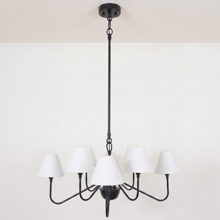 Matte Black Light Chandelier with White Linen Shades | Modern Ceiling Hanging Light Fixture for Dining Room & Kitchen Island