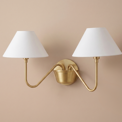 Gold Brass Double Wall Sconce, Elegant 2 Light Wall Lamp with White Shades, Luxury Bedroom Lighting for Refined Home Interiors Décor Options