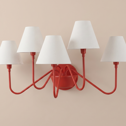 Red 5 Light Wall Sconce, Modern Colorful Wall Lamp with White Shades, Statement Wall Lighting, Contemporary Bedroom and Living Room Light