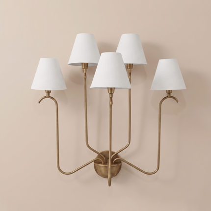 Antique Brass 5 Light Wall Sconce, Vintage Inspired Multi Arm Wall Lamp with White Shades, Classic Indoor Lighting Fixture for Home Wall Art
