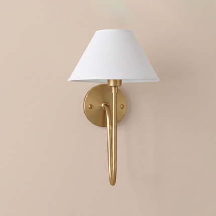 Gold Brass Wall Sconce, Modern Wall Lamp with White Shade, Mid Century Bedroom Wall Light, Luxury Brass Sconce, Bedside Home Lighting Décor.