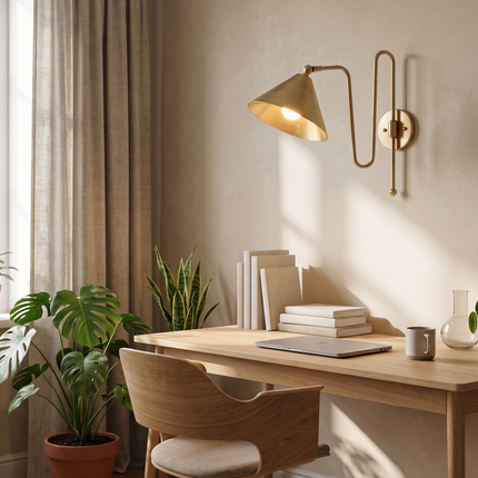 Modern Brass Wall Sconce – Luxury Gold Cone Shade Wall Lamp | Minimalist Mid Century Bedroom & Living Room Lighting Fixture living rooms