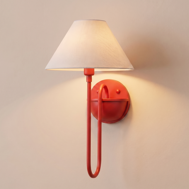 Wall Sconce in Coral Red Fabric Shade Wall Sconce, Modern Wall Light, Contemporary Bedroom Lamp, Scandinavian Wall Lighting, Minimalist Lamp