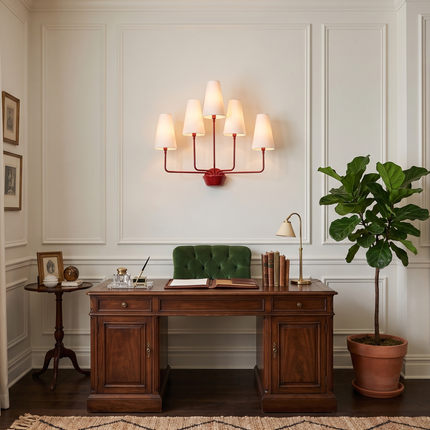 Wall Light – Modern Red 5-Light Minimalist Wall Sconce with Tall White Fabric Shades | Lighting Fixture for Living Room Bedroom Hallway