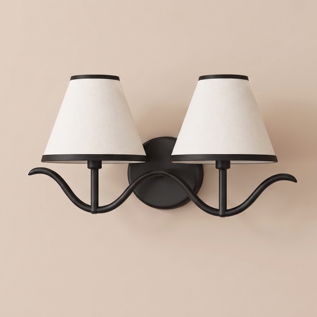 Modern Matte Black Wall Sconce Curved Arm Double ,Wall Lamp with White Shades, Bedside Reading Light, Living Room and Entryway Decor Design